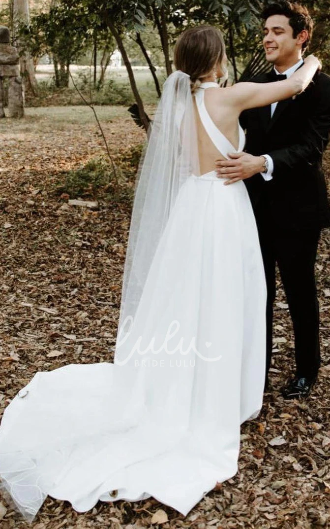 Satin Halter High-Neck Open Back Wedding Dress with High-Low Hem