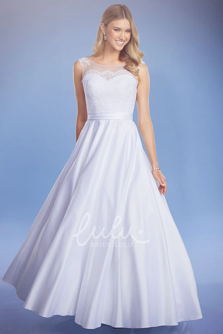 Bateau Lace Maxi Satin Wedding Dress with Broach Classic Wedding Dress