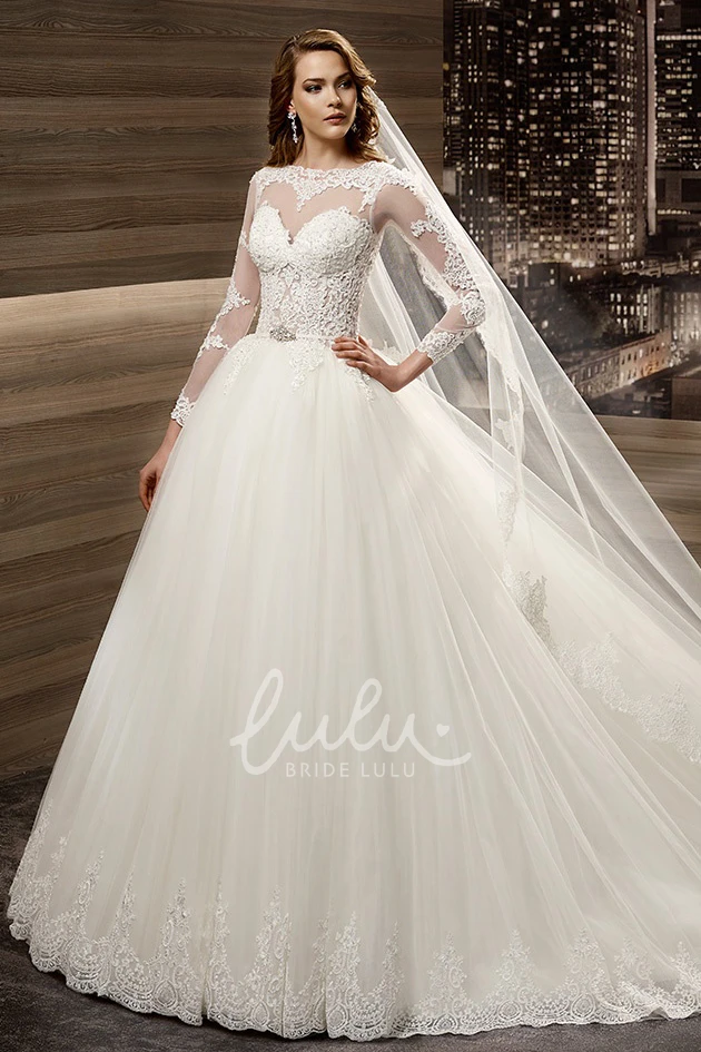Long-Sleeve A-Line Wedding Dress with Lace Appliques Bodice and Brush Train