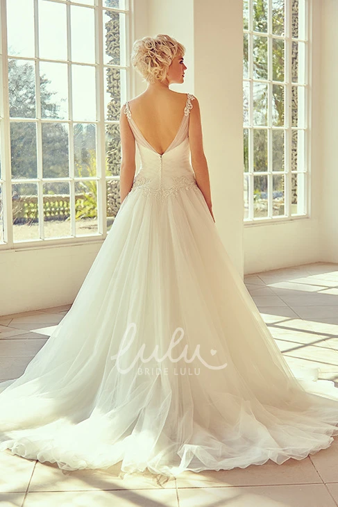 Maxi Tulle Wedding Dress with Appliques and Cap Sleeves Romantic Bridal Gown
