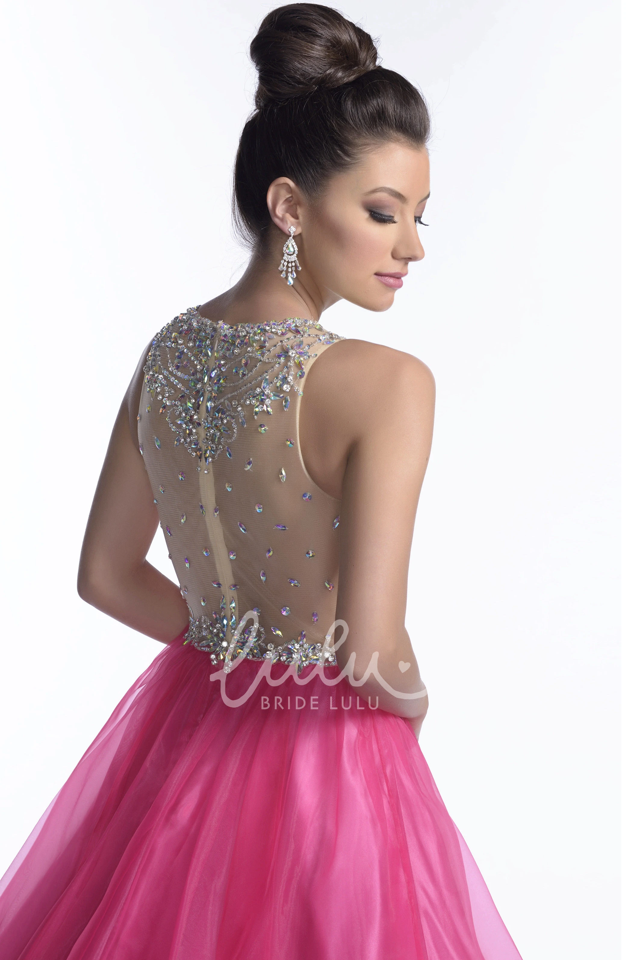 Tulle A-Line Sleeveless Prom Dress with Lace Bodice and Rhinestones Shining Prom Dress