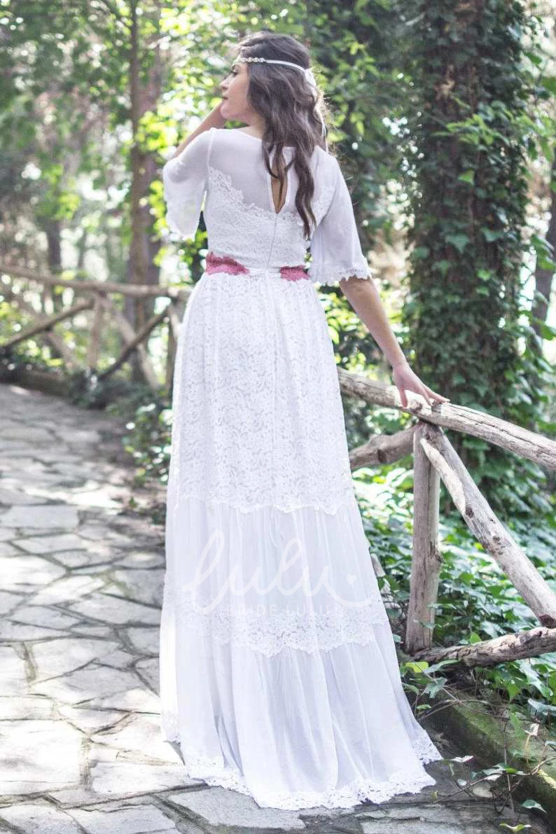 Full Bell-Sleeve Lace Wedding Dress with Bateau Neckline