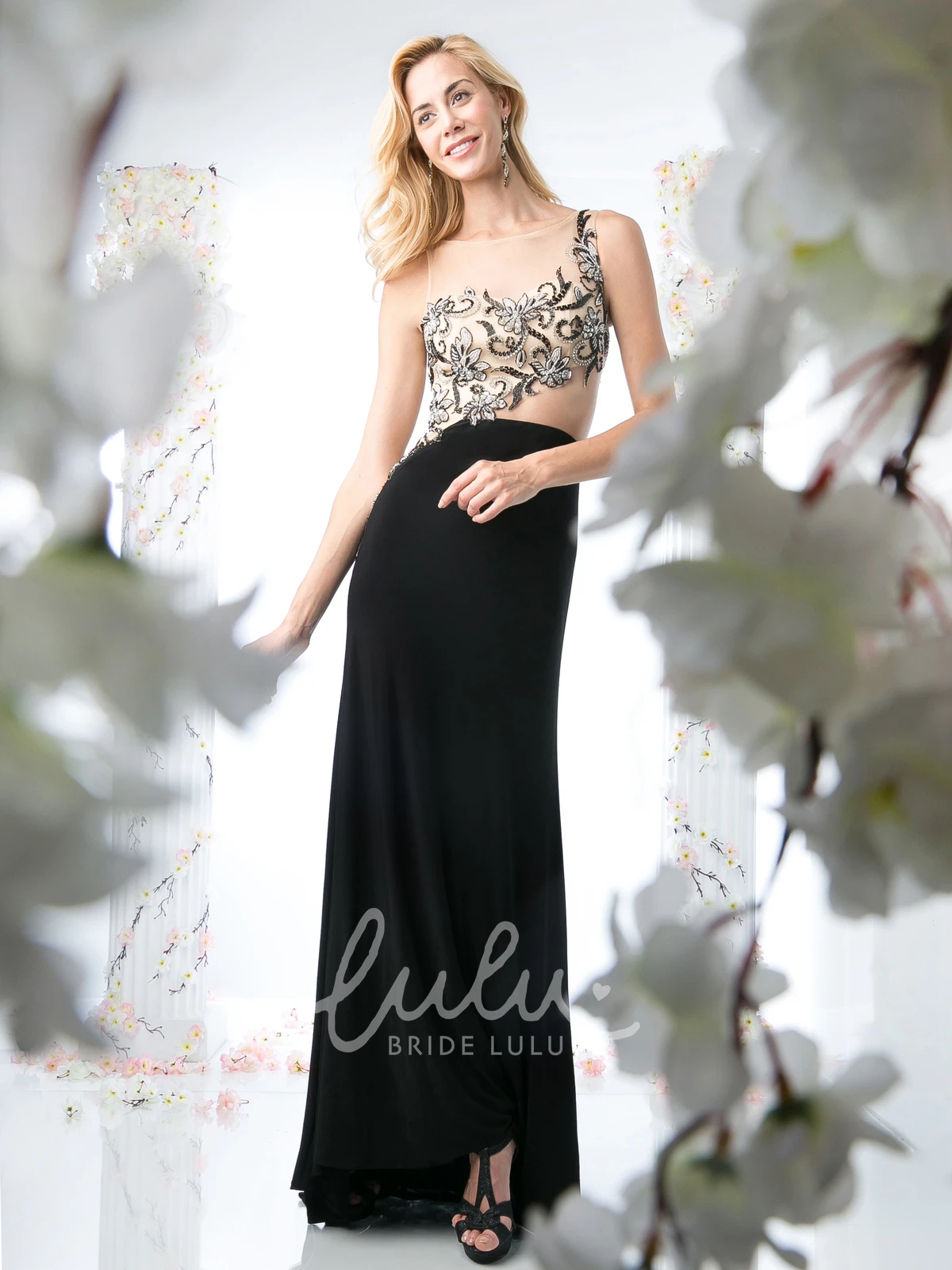 Long Sleeveless Jersey Sheath Prom Dress with One-Shoulder Illusion and Beading