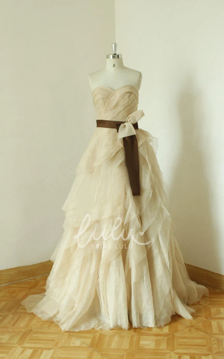 Sweetheart Lace-Up Back Long Chiffon Wedding Dress With Sash And Ruffles