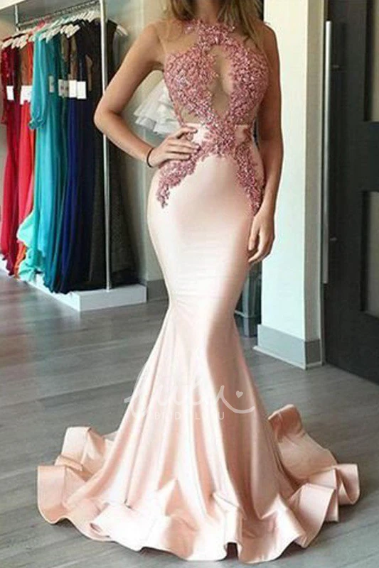 High Neck Sleeveless Mermaid Satin Lace Formal Dress with Brush Train