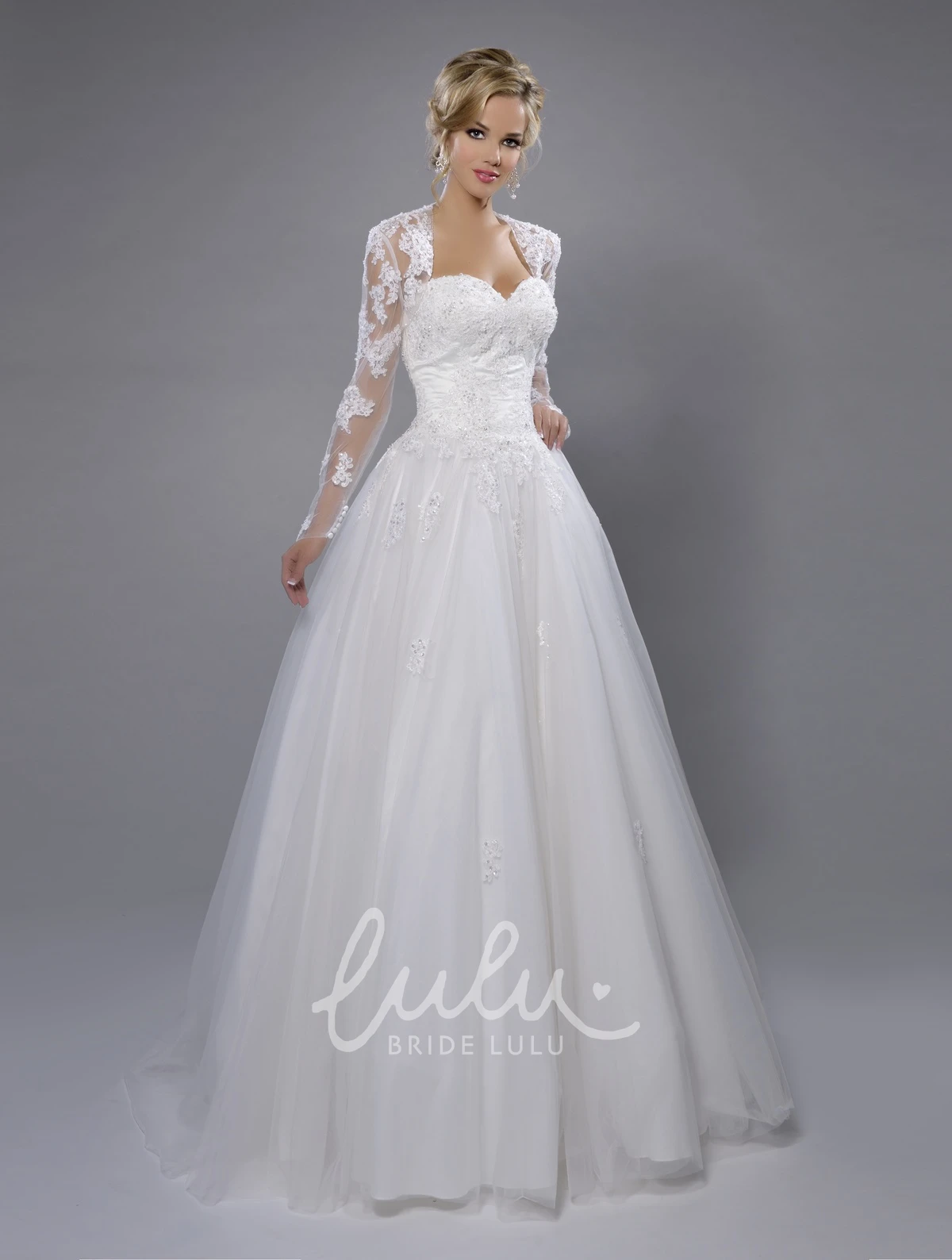 A-Line Tulle Wedding Dress with Lace Bodice Sweetheart Long Sleeve Classic