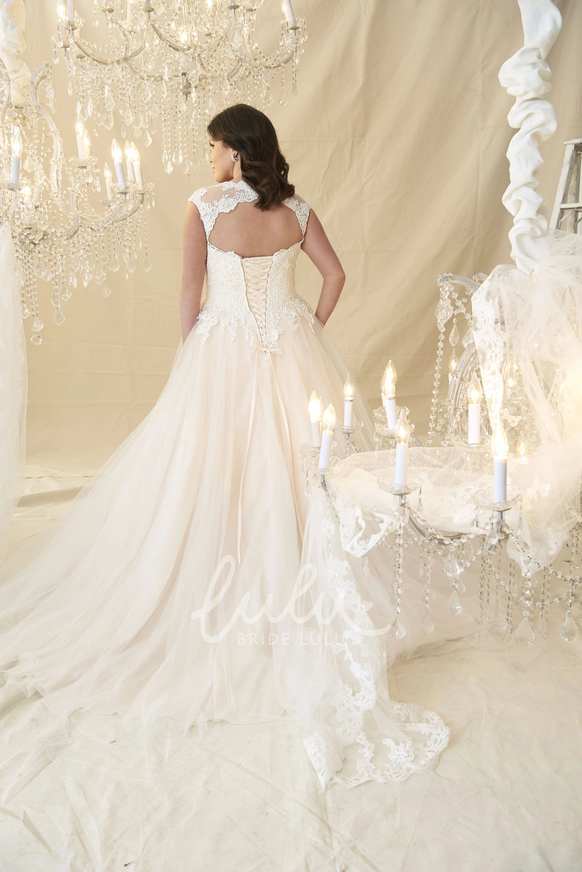 Keyhole Cap-Sleeve Ball Gown Wedding Dress with Lace & Tulle