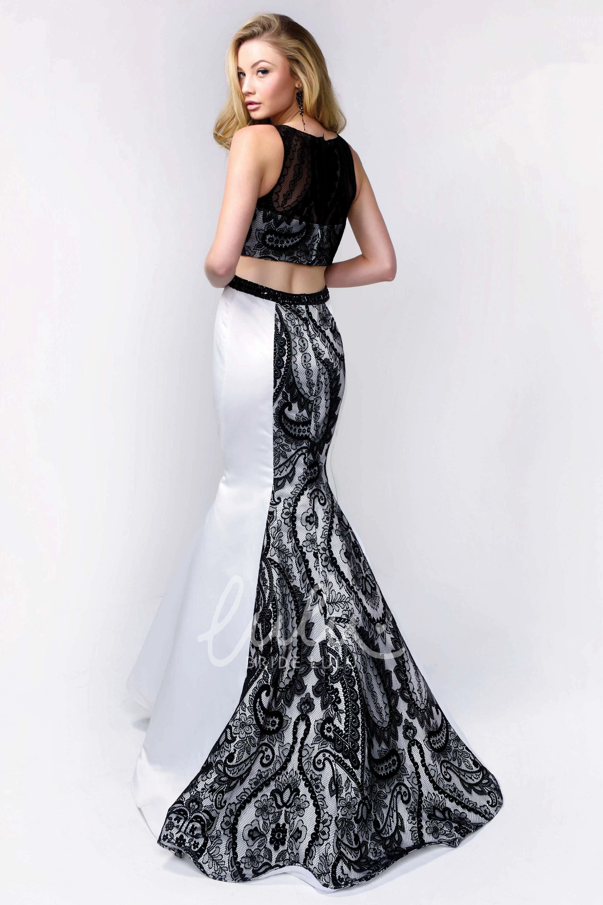 Satin Lace Mermaid Formal Dress with Scoop-Neck and Sweep Train