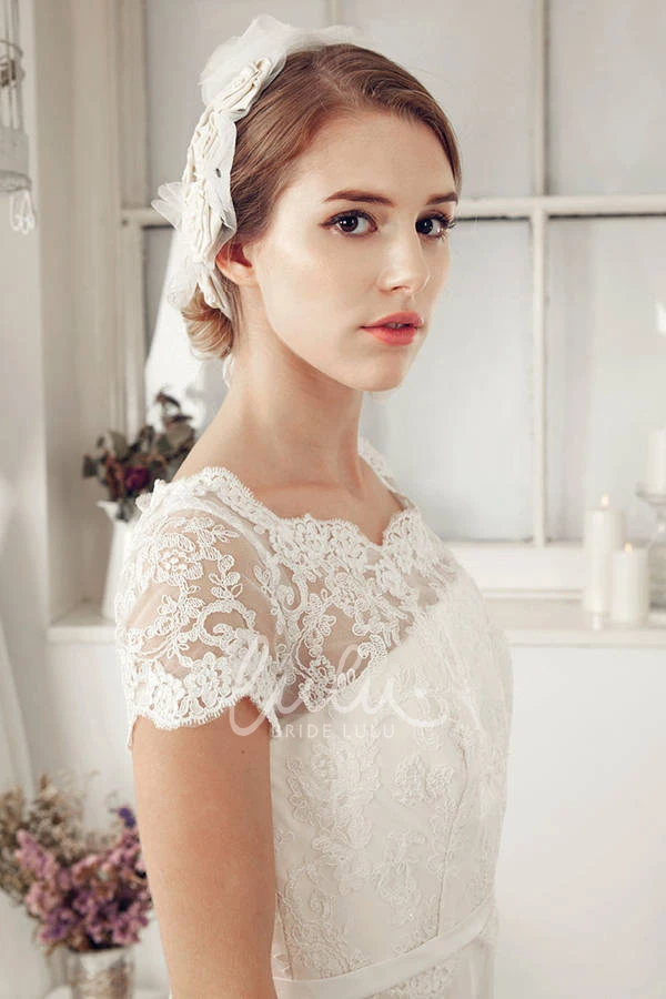 Scoop-Neck Lace and Illusion Sheath Wedding Dress with Cap-Sleeves