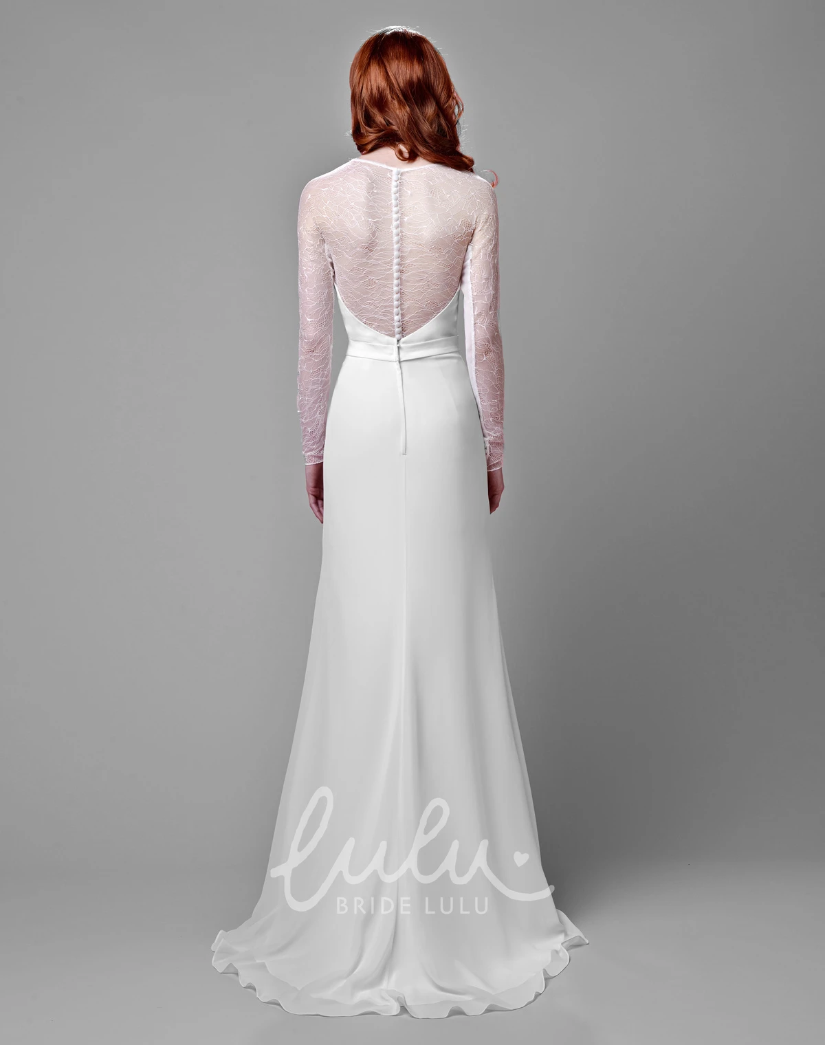 Long Sleeve Lace and Chiffon Wedding Dress with Illusion Back Pearls Embellished Bridal Gown