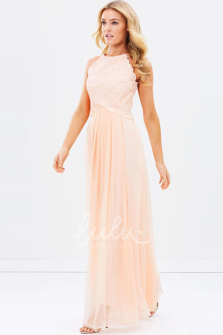 Chiffon Appliqued Bridesmaid Dress with Scoop Neck and Ribbon Sleeveless
