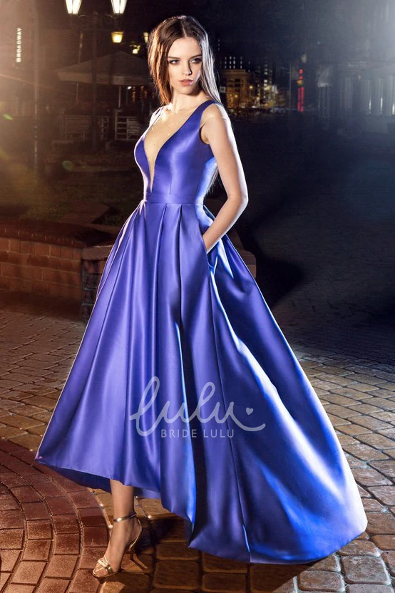 Sleeveless V-Neck Satin A-Line Formal Dress with High-Low Hem