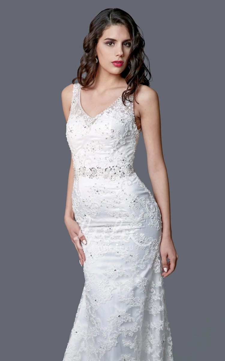 Lace Mermaid Winter Wedding Dress with V-Neck and Illusion Back Elegant and Amazing