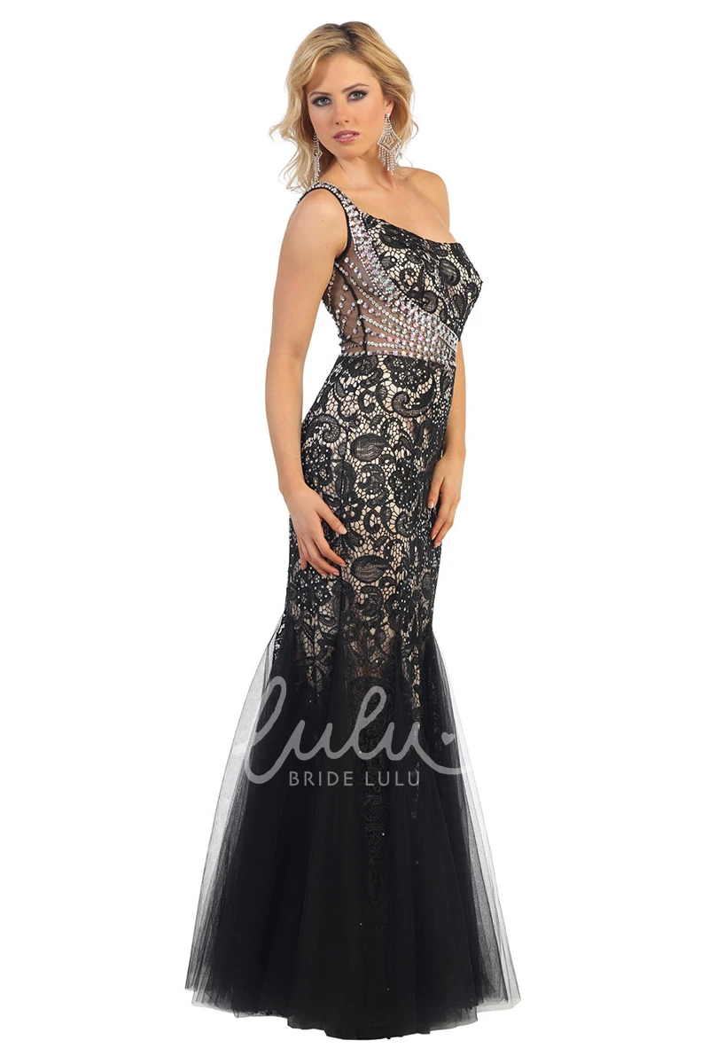 One-Shoulder Sleeveless Tulle Dress with Lace and Beading Mermaid Prom Dress