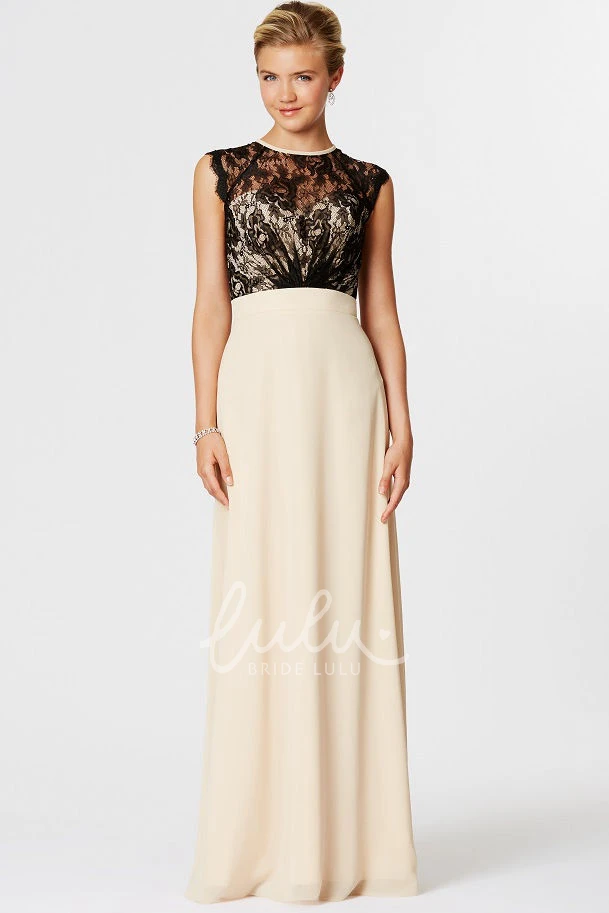 High Neck Chiffon Bridesmaid Dress with Lace Bodice and Illusion Back in Sleeveless Style