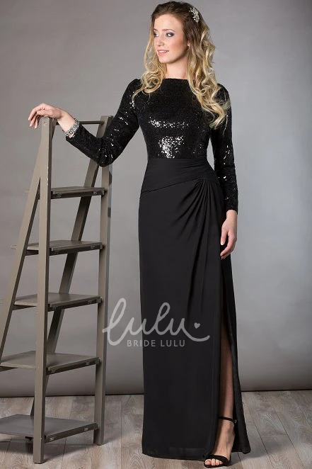 Sequin Chiffon Mother Of The Bride Dress with Bateau Long Sleeve & Side Split