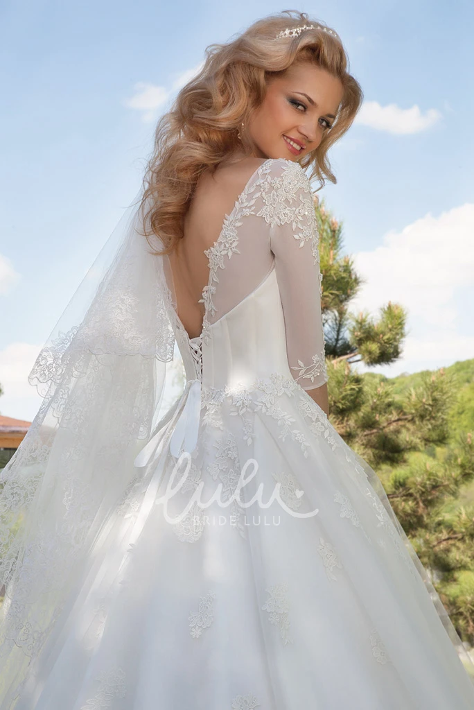 Appliqued Tulle Ball Gown Wedding Dress With Illusion Neckline and Sleeves