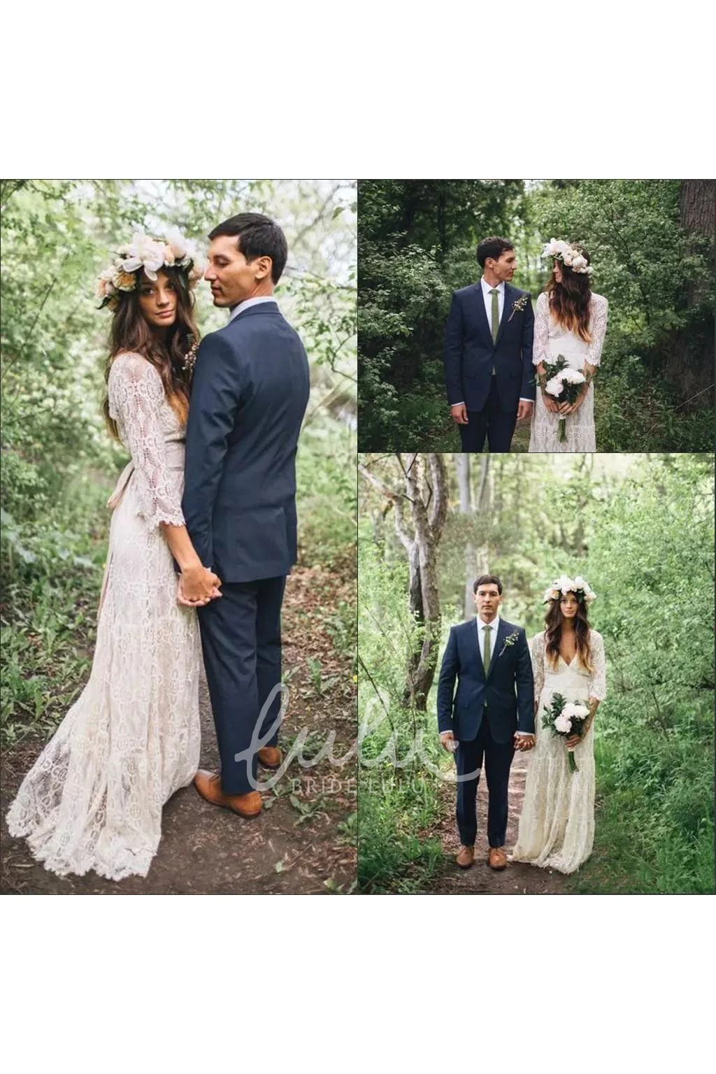 V-Neck Lace A-Line Wedding Dress with 3/4 Sleeves