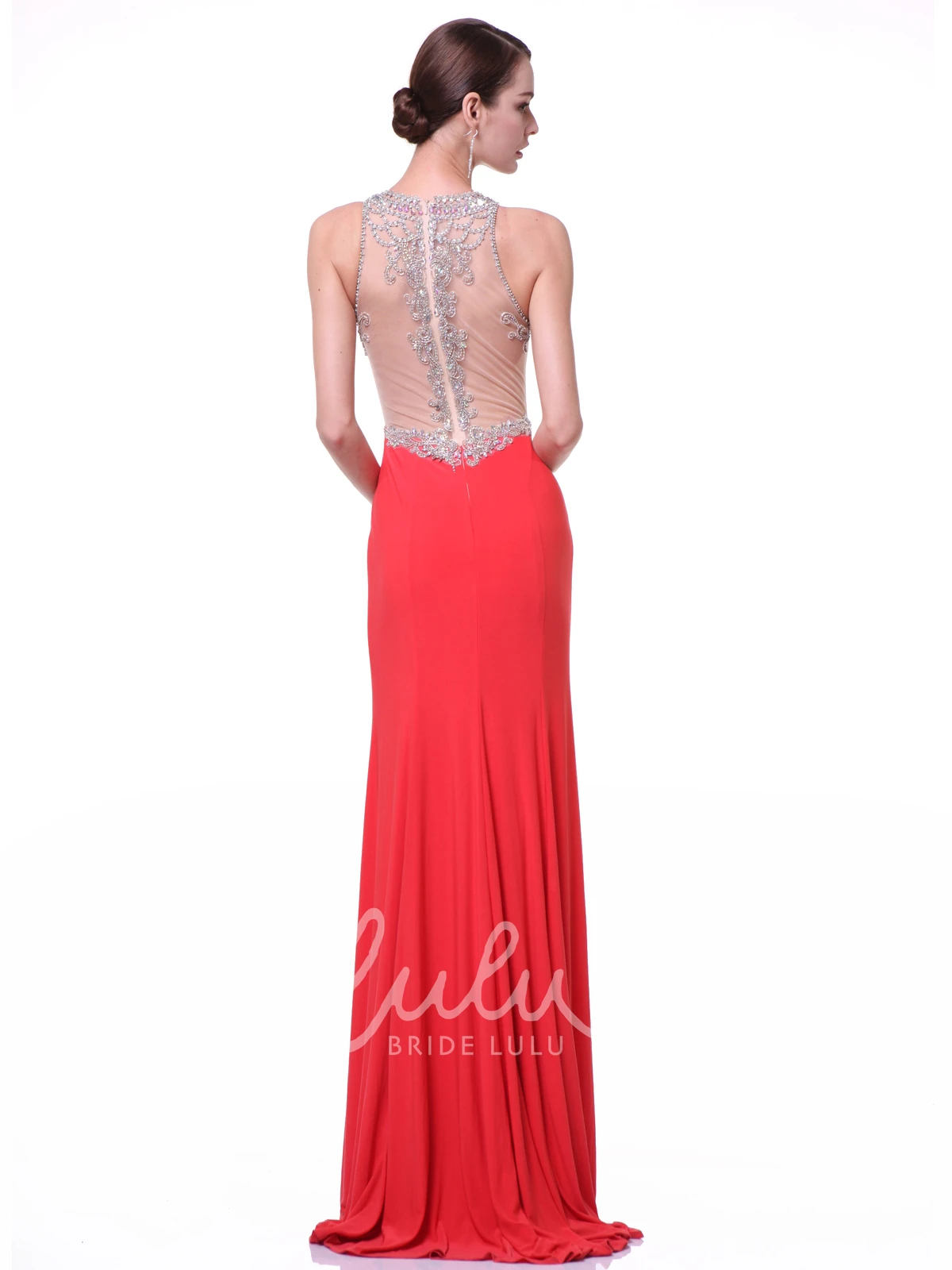 Jewel-Neck Sleeveless Jersey Formal Dress with Beading and Illusion