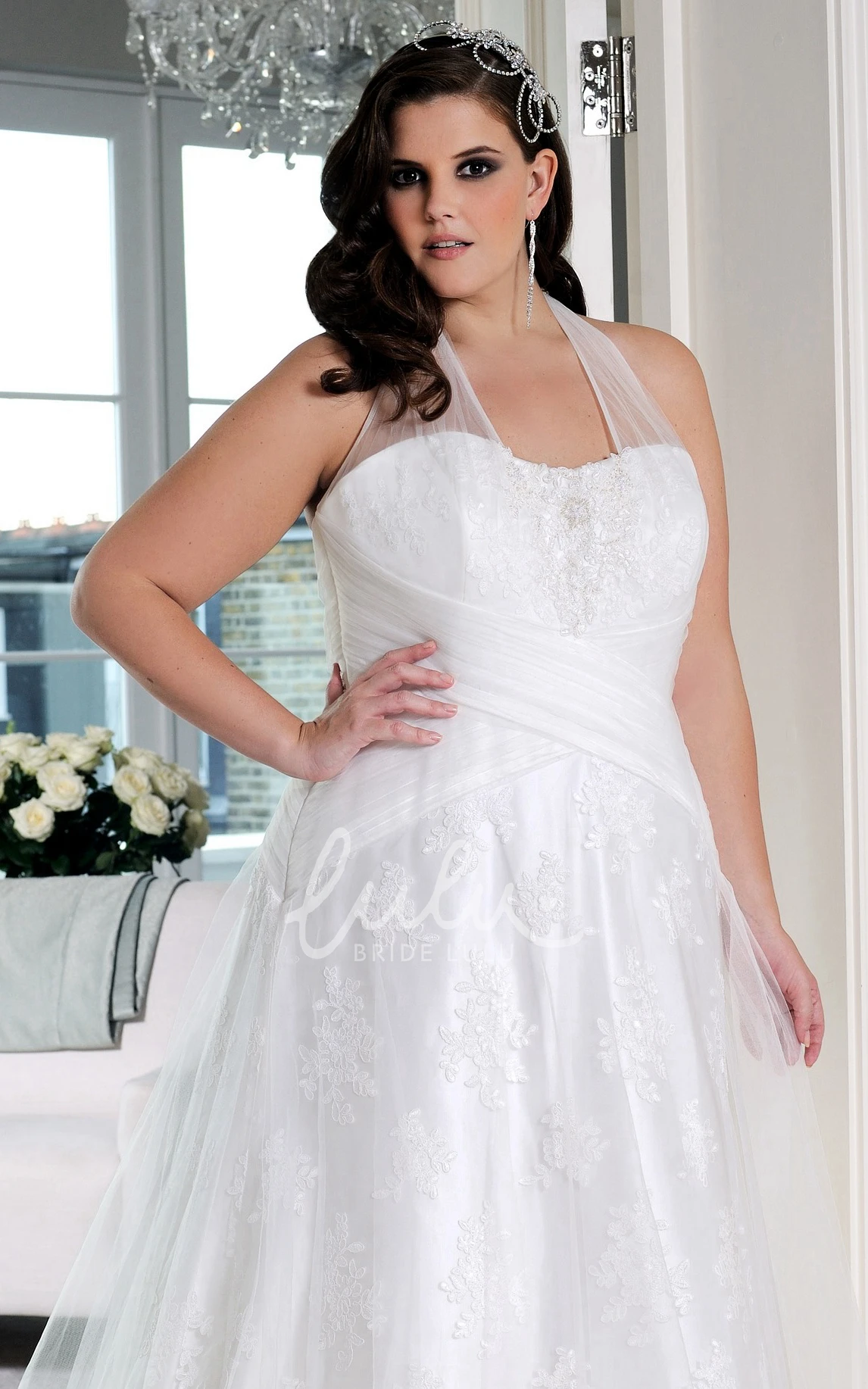 Halter Appliqued Prom Dress with Brush Train and Beading