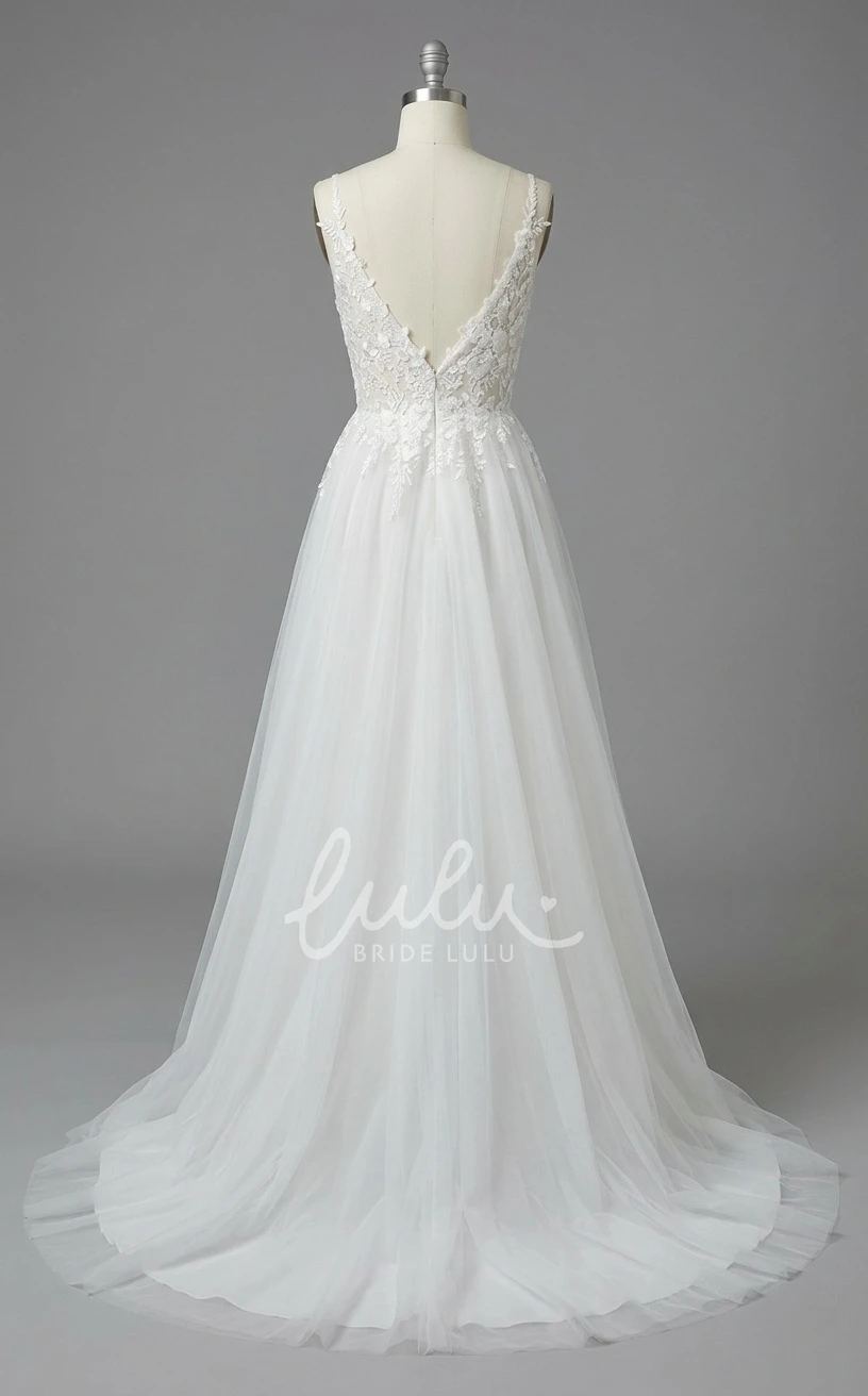 Country Sleeveless Lace A-Line Wedding Dress Spaghetti Deep V-Neck Elopement Bridal Gown