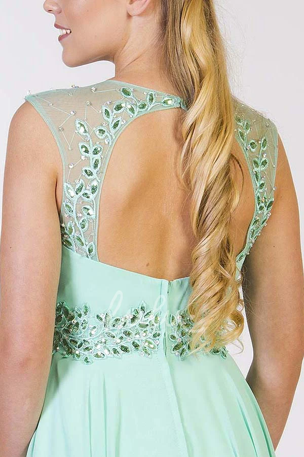 Crystal A-Line Chiffon Prom Dress with Pleats Sleeveless Long Scoop-Neck