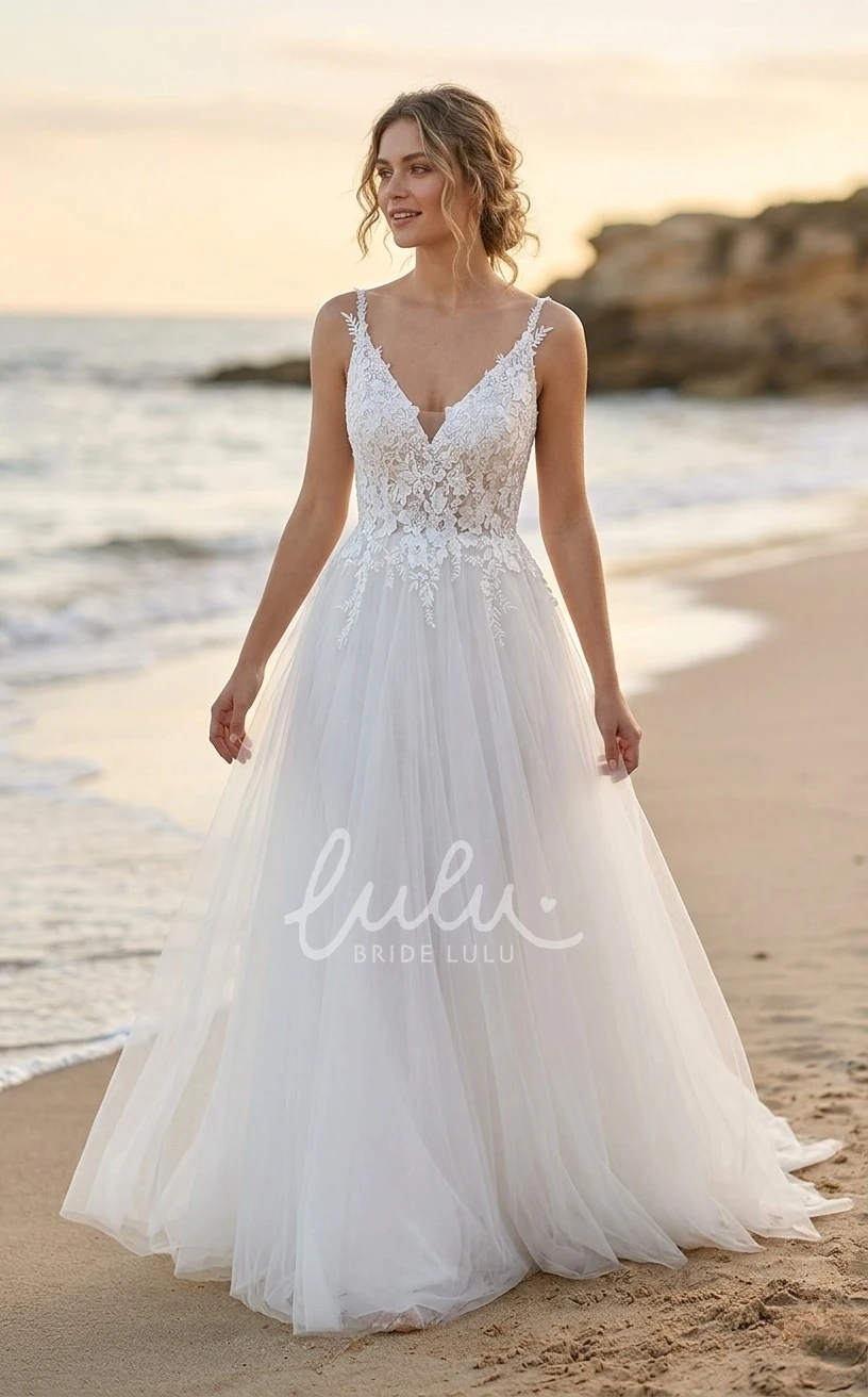 Country Sleeveless Lace A-Line Wedding Dress Spaghetti Deep V-Neck Elopement Bridal Gown