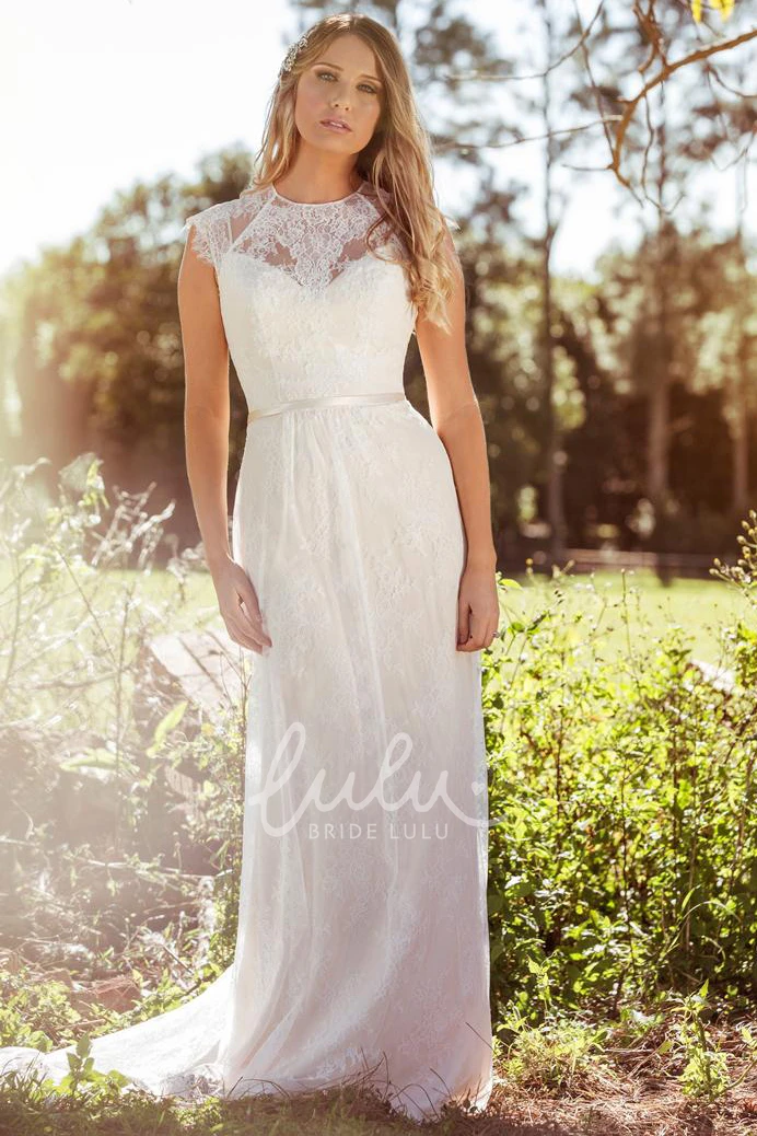 Sleeveless Lace Wedding Dress with Illusion and Appliques Scoop-Neck Floor-Length Sheath Gown