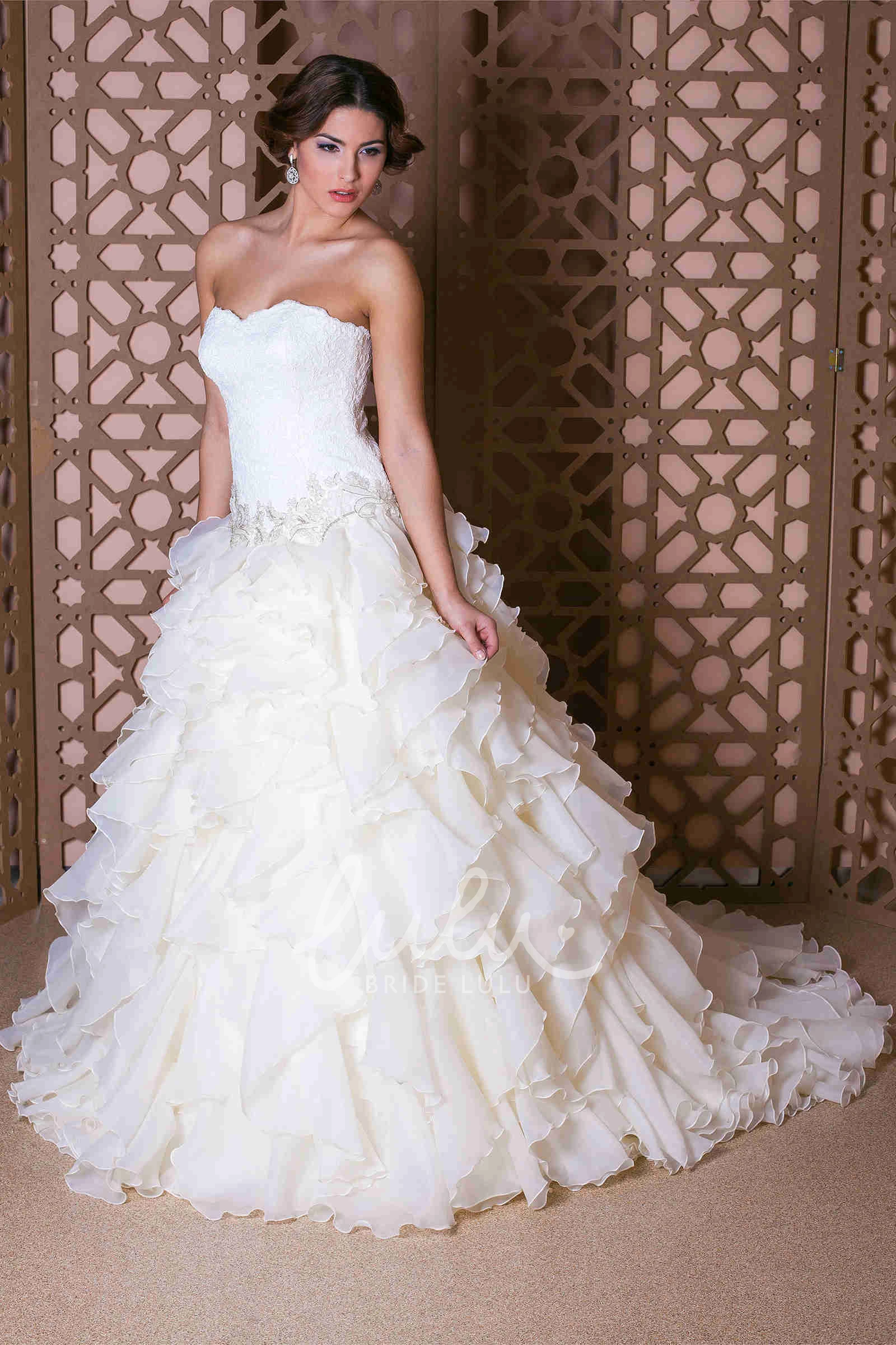 Strapless Organza Ball Gown Wedding Dress with Jeweled Cascading Ruffles
