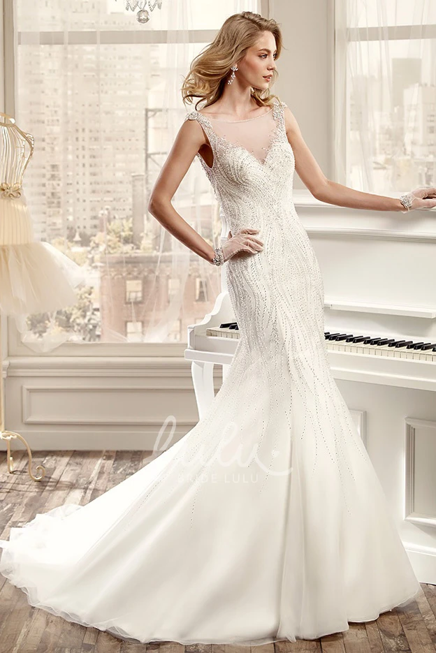 Beaded Mermaid Illusive Neckline Wedding Dress with Open Back