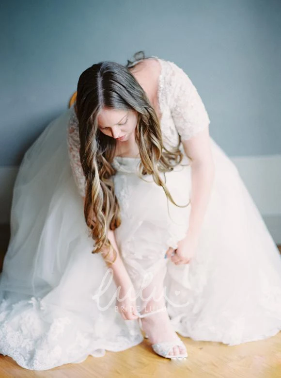 Off-shoulder Lace A-line Wedding Dress with Zipper Closure