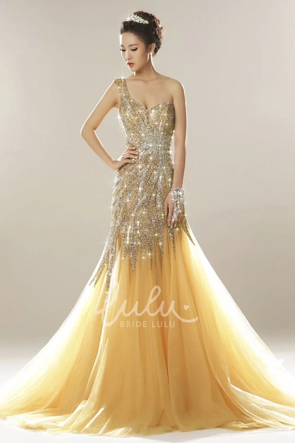 Luxury Tulle Mermaid Formal Dress with One Shoulder and Open Back