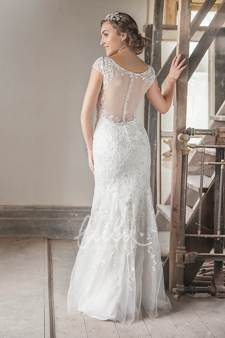 Beaded Tulle Wedding Dress with Embroidery and Illusion Long Bateau