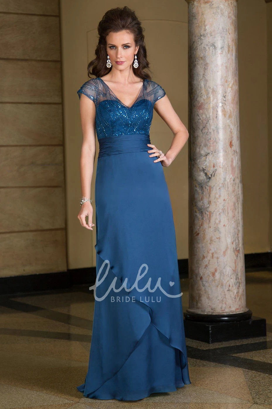 Ruffled V-Neck Mother of the Bride Dress with Cap Sleeves Flowy Formal Dress