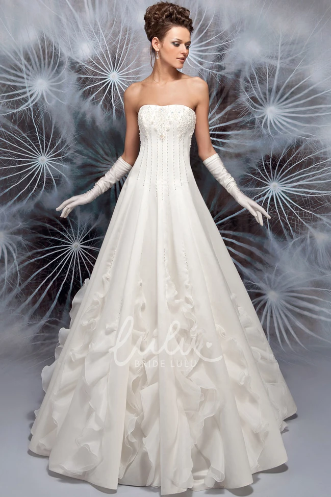 Strapless Satin A-Line Wedding Dress with Beading and Ruffles Flowy Bridal Gown