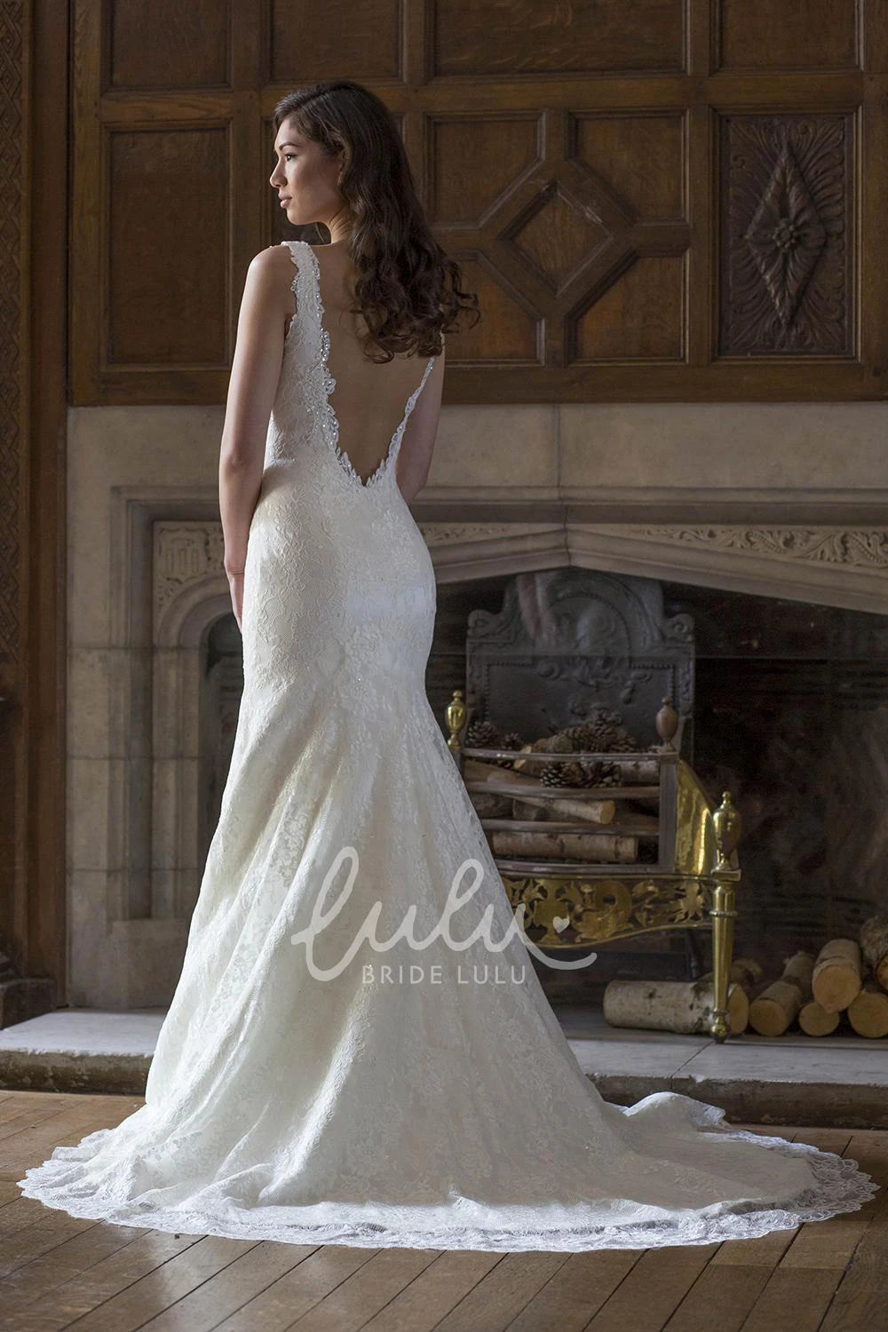 Sequined V-Neck Lace Long Wedding Dress Sleeveless Bridal Gown