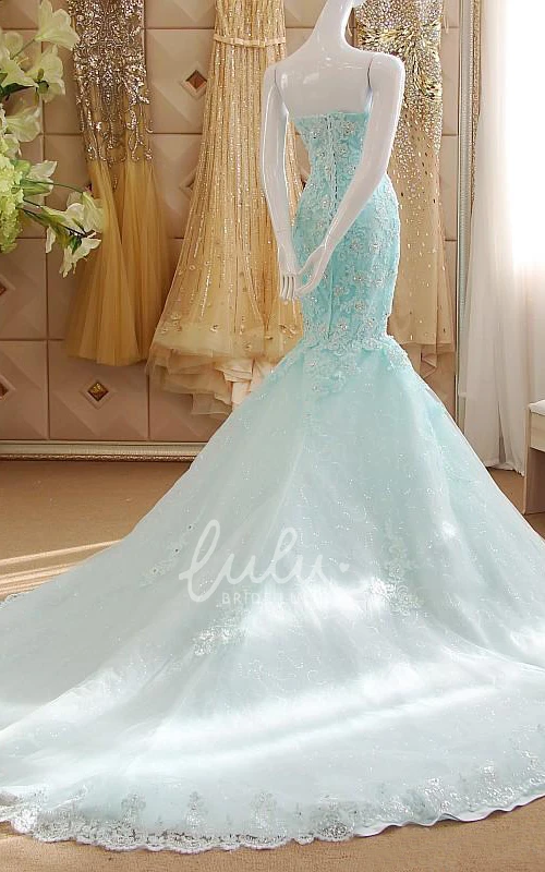 Elegant Sexy Mermaid Bohemian Lace Sleeveless Wedding Dress Romantic Light Cyan Long Train Bridal Gown with Appliques