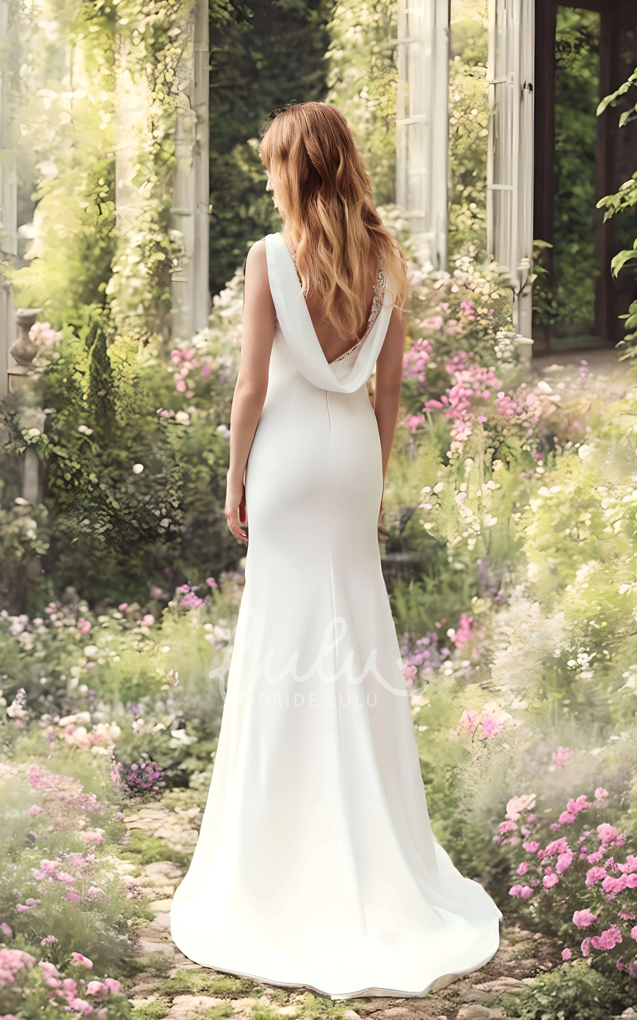 Elegent Mermaid Simple Satin Bateau Wedding Dress V-Back Sleeveless Sweep Train Gown