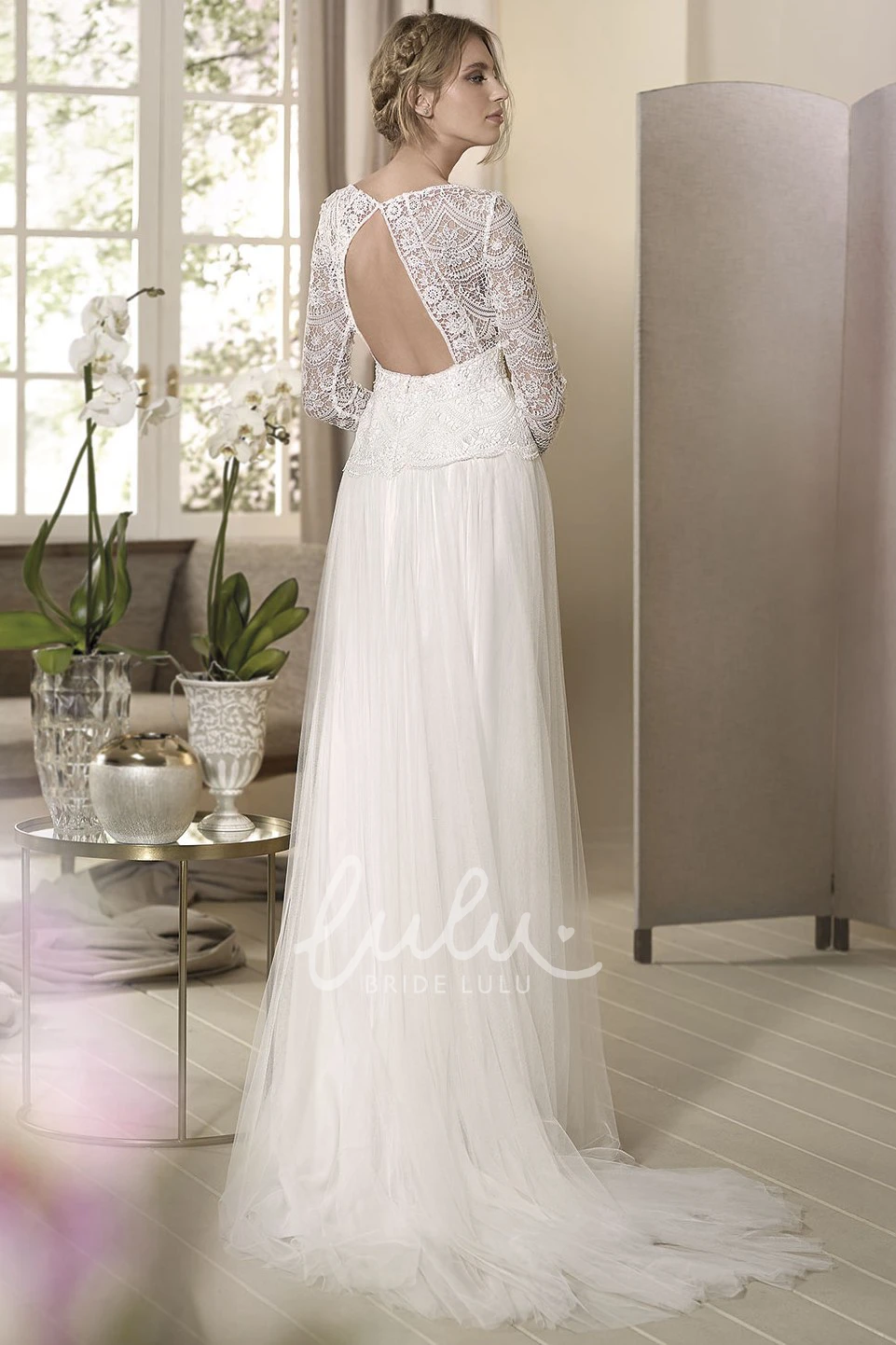 Lace Keyhole Sheath Tulle Wedding Dress with Square Neck and Long Sleeves