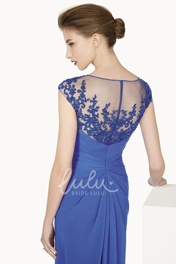 Chiffon Cap Sleeve Formal Dress with Appliqued Top and Waist Flower