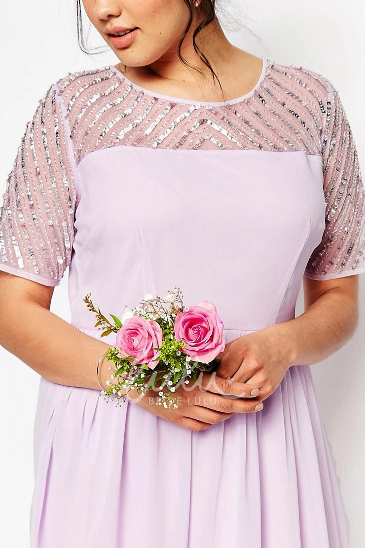 Sequined Chiffon Bridesmaid Dress with Short Sleeve and Scoop Neck