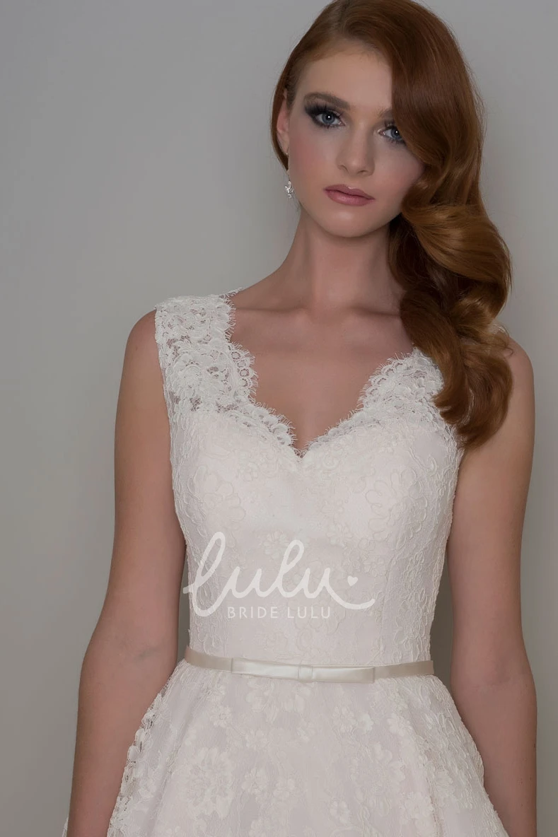 Sleeveless Tea-Length A-Line Lace Wedding Dress with V-Neck for Women
