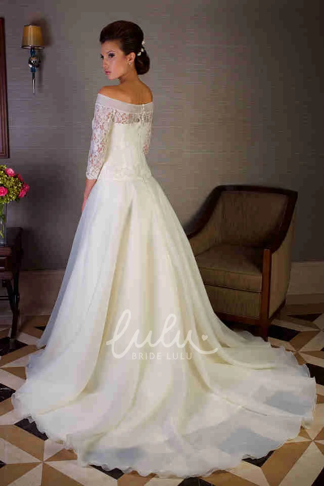 Off-The-Shoulder Organza Wedding Dress with Appliques and Illusion Sleeves