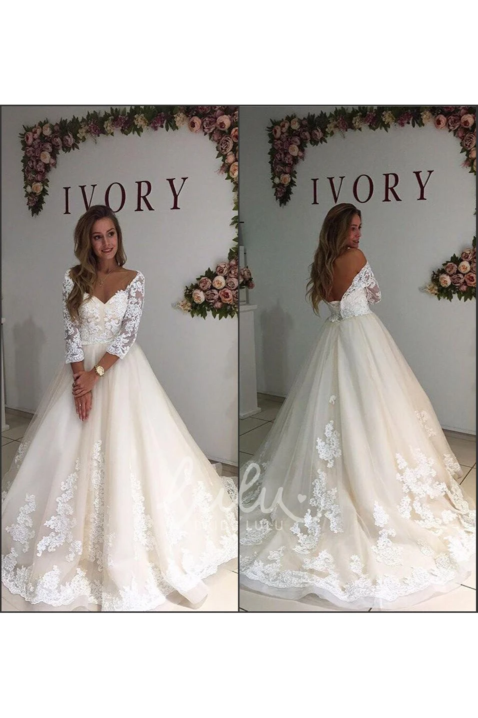 Off-shoulder Lace Tulle Wedding Dress with Low-V Back Ball Gown