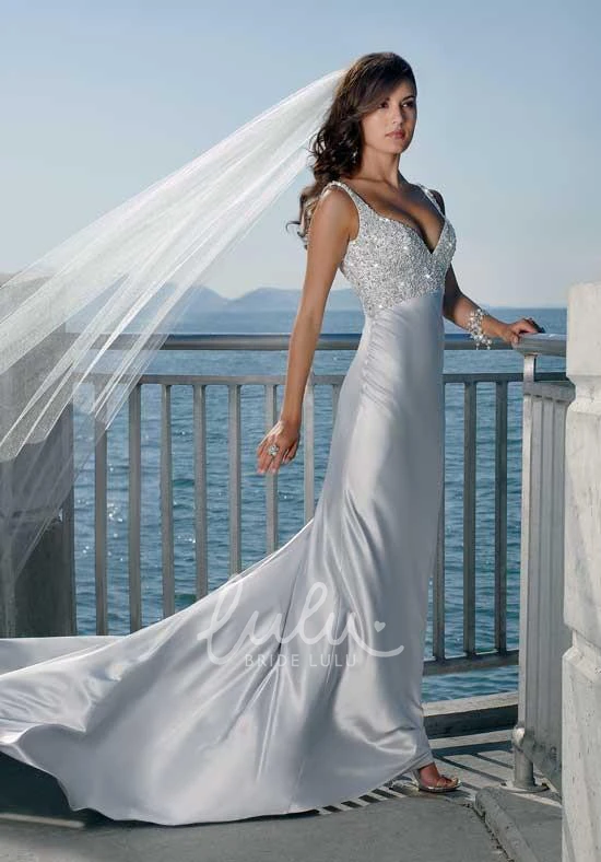 Spaghetti Straps V-Neck Sheath Column Wedding Dress in Elastic Woven Satin