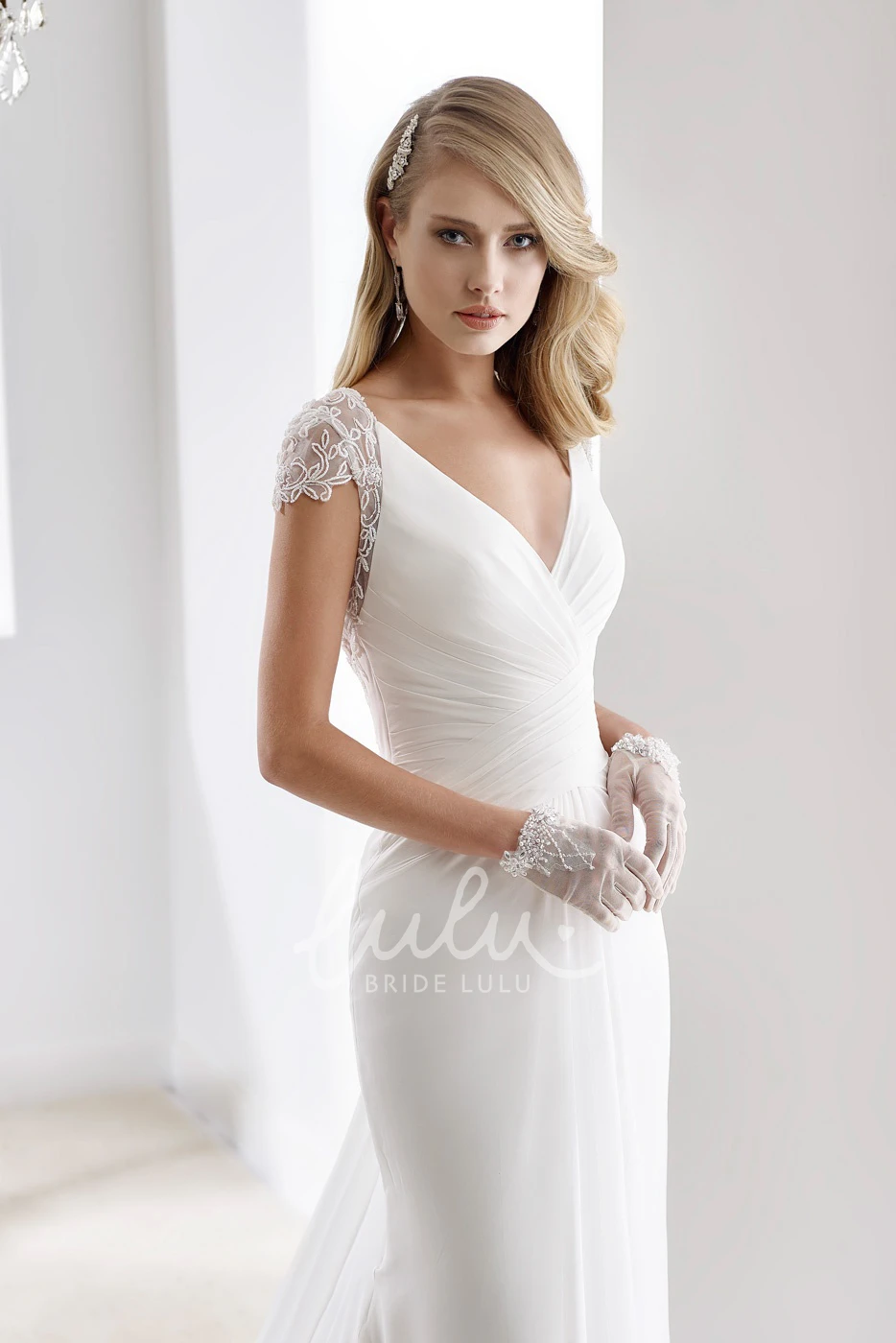 Sheath Chiffon Wedding Dress with Illusive Sleeves V-Neck & Bandage Waist