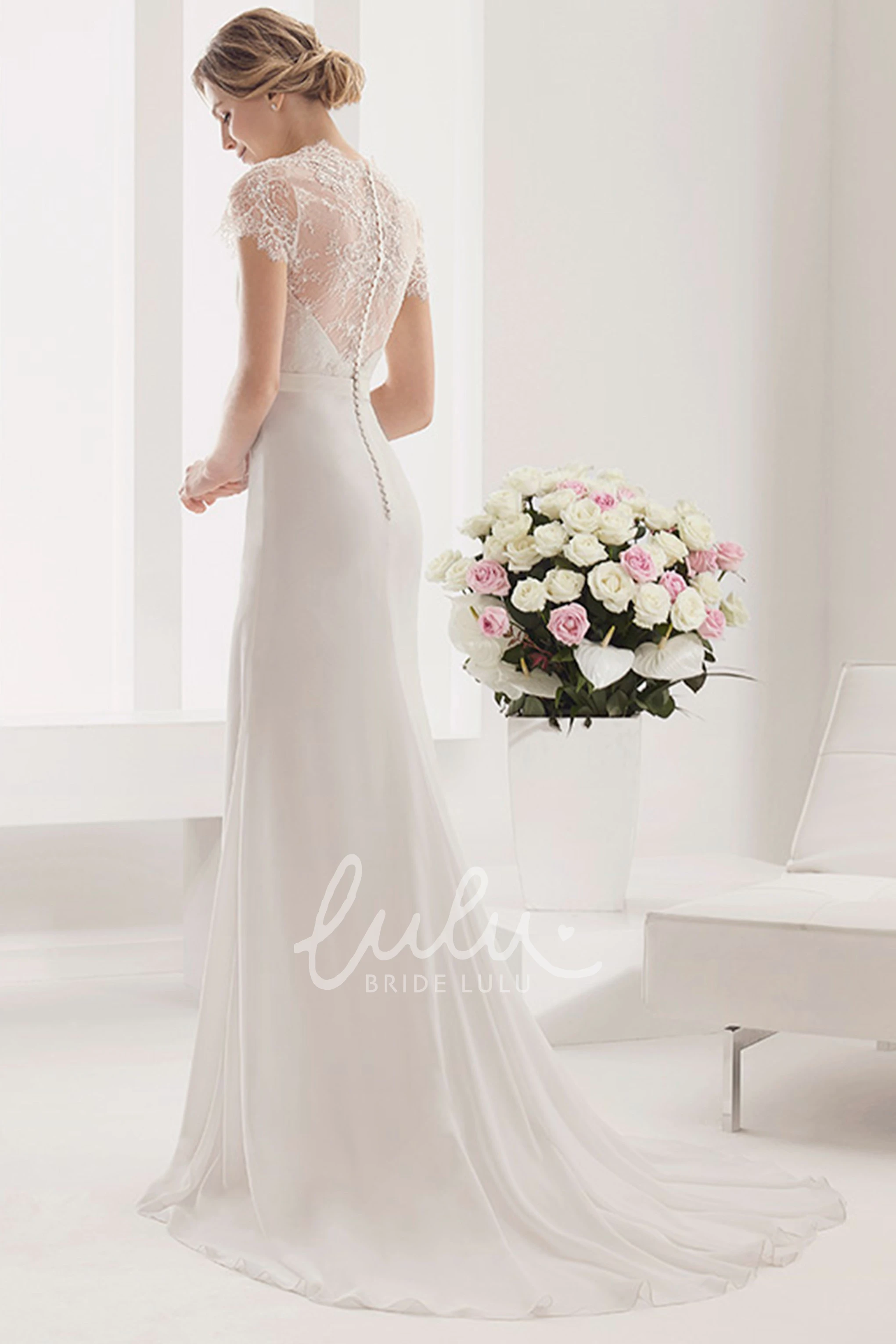 A-Line Chiffon Wedding Dress with Modest Lace Short-Sleeve and Shiny Waist