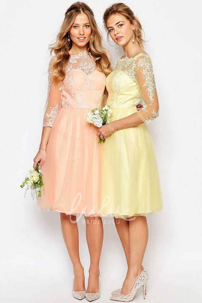 Knee-Length Appliqued High Neck Bridesmaid Dress A-Line 3-4 Sleeve
