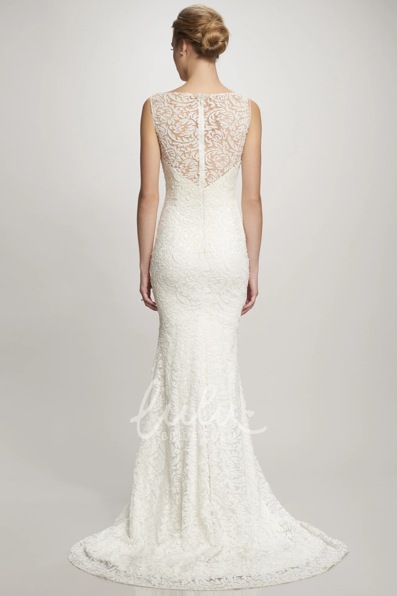Long Illusion Lace Wedding Dress with Sweep Train Classy Bridal Gown