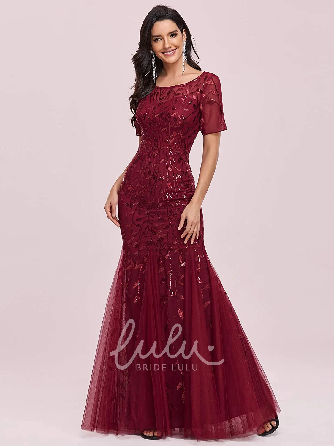 Sequin Trumpet Illusion Prom Dress with Short Sleeves and Pleats